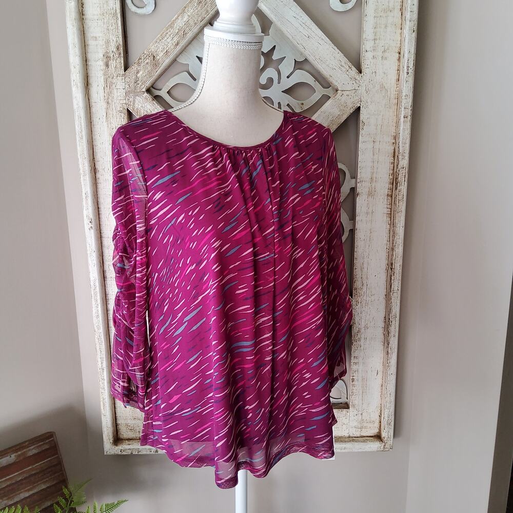 Zac & Rachel Purple Popover Ruched Tie Sleeve Blouse Top S Minimalist Casual